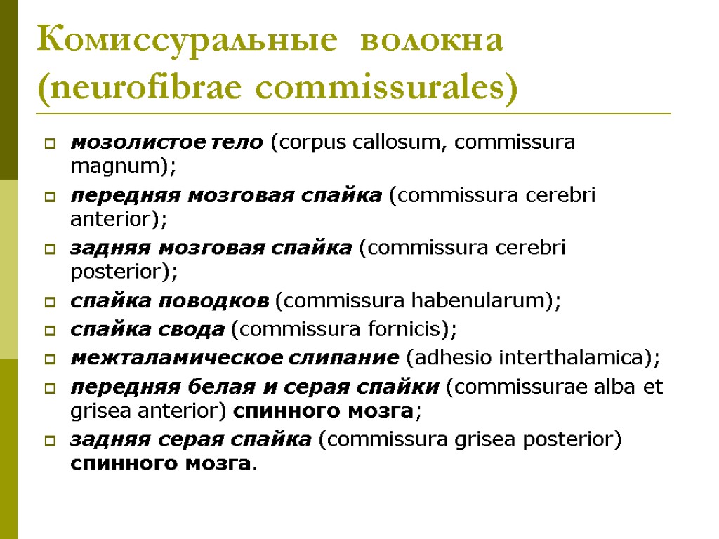 Комиссуральные волокна (neurofibrae commissurales) мозолистое тело (corpus callosum, commissura magnum); передняя мозговая спайка (commissura